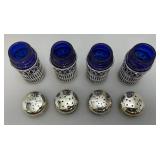 Unique Colbalt Blue Glass, Salt And Pepper Shakers With Plated Silver Decorative Sleeves