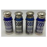 Unique Colbalt Blue Glass, Salt And Pepper Shakers With Plated Silver Decorative Sleeves