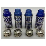 Unique Colbalt Blue Glass, Salt And Pepper Shakers With Plated Silver Decorative Sleeves