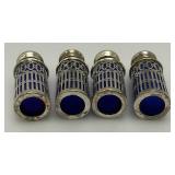 Unique Colbalt Blue Glass, Salt And Pepper Shakers With Plated Silver Decorative Sleeves