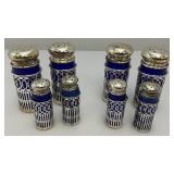Unique Colbalt Blue Glass, Salt And Pepper Shakers With Plated Silver Decorative Sleeves