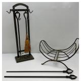 Vintage Iron Fireplace Tools With Hanger And Metal Firewood Holder