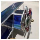 Handmade Stained Glass Biplane Airplane Sculpture Blue Leaded Glass Jeweled Propeller
