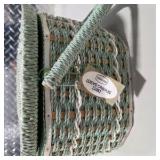 Vintage Scovill Dritz Sewing Basket Green Woven Box Handle Satin Lined w Sewing Notions