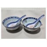 2 Asian Porcelain Rice Bowls w/ 2 Matching Soup Spoons Blue White Red Floral China