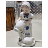 Vintage Home Decor Lot Galileo Thermometer, Wood Basket, Fenton Pink Glass Boot, & Girl Goose Lamp