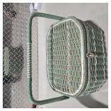 Vintage Scovill Dritz Sewing Basket Green Woven Box Handle Satin Lined w Sewing Notions