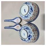 2 Asian Porcelain Rice Bowls w/ 2 Matching Soup Spoons Blue White Red Floral China