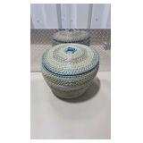 Lidded Wicker Basket - Woven Storage Basket with Blue Accents