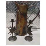 Mixed Home Decor Lot - Metal Decorative Pitcher, Candlesticks, Tic Tac Toe, Stained Glass and More