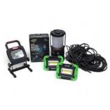 Mixed Utility Lot - Work Lights, Battery Charger, Lantern and Rope