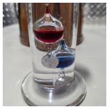 Vintage Home Decor Lot Galileo Thermometer, Wood Basket, Fenton Pink Glass Boot, & Girl Goose Lamp