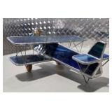 Handmade Stained Glass Biplane Airplane Sculpture Blue Leaded Glass Jeweled Propeller