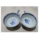 2 Asian Porcelain Rice Bowls w/ 2 Matching Soup Spoons Blue White Red Floral China
