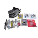 Mixed Tool and Bike Accessory Lot - Locks, Wrenches, and Saddle Bag