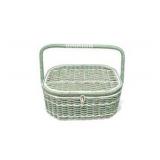 Vintage Scovill Dritz Sewing Basket Green Woven Box Handle Satin Lined w Sewing Notions