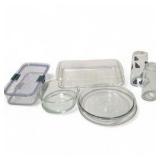 Glass Kitchenware Lot - Baking Dishes, Storage Container and Glass Tumblers