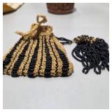 Vintage Dresser Vanity Accessories Lot Crystal Bottle, Beaded Bag, Carved Wood Boxes & More Decor