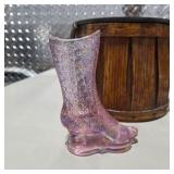 Vintage Home Decor Lot Galileo Thermometer, Wood Basket, Fenton Pink Glass Boot, & Girl Goose Lamp