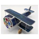 Handmade Stained Glass Biplane Airplane Sculpture Blue Leaded Glass Jeweled Propeller