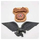 Wood Wall Clock & Metal Eagle Wall Décor Lot GWRA Emblem Quartz Movement Rustic Lodge