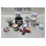 Vintage Porcelain Pottery Decor Lot w Japan Bell, Vase, Mugs, Elf, Christmas