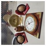 Decor Lot - Howard Miller Weather Station, Nautical Wood Clock, Globe Bookends, Carved Wood Jar