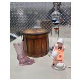 Vintage Home Decor Lot Galileo Thermometer, Wood Basket, Fenton Pink Glass Boot, & Girl Goose Lamp