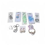 Mixed Costume Jewelry and Keychain Lot - Hearts, Peace Sign, Earrings and Unicorn Ring