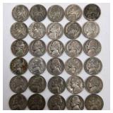 30 WWII Silver War Nickels - 35% Silver Jefferson Nickels - P D S Mint Marks - Over 1.68 Troy Oz Silver