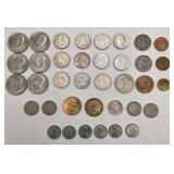 Mixed U.S. & Foreign Coin Lot - Kennedy Halves, Quarters, 1905 Barber Quarter, 1936 Buffalo Nickel, 1943 Steel Cents, Foreign Coins