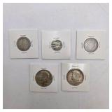 5 Silver Coin Lot - 1895-O Barber Quarter, 1909 Barber Quarter, 1958 Franklin Half, 1967 Kennedy Half, 1954 Roosevelt Dime