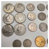 Mixed U.S. & Foreign Coin Lot - Kennedy Halves, Quarters, 1905 Barber Quarter, 1936 Buffalo Nickel, 1943 Steel Cents, Foreign Coins