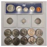 SILVER U.S. COIN LOT – 1967 SPECIAL MINT SET + 10 KENNEDY HALF DOLLARS + 1908 & 1896 BARBER QUARTERS + 1904 BARBER DIME – 90% & 40% SILVER