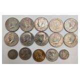 2 LB Unsearched Pennies + 10 Kennedy Half Dollars + Barber Quarter & Dime + Dollar Coins - Estate Coin Lot