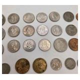 Mixed U.S. & Foreign Coin Lot - Kennedy Halves, Quarters, 1905 Barber Quarter, 1936 Buffalo Nickel, 1943 Steel Cents, Foreign Coins