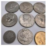 2 LB Unsearched Pennies + 10 Kennedy Half Dollars + Barber Quarter & Dime + Dollar Coins - Estate Coin Lot