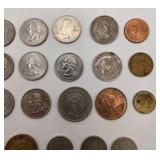 Mixed U.S. & Foreign Coin Lot - Kennedy Halves, Quarters, 1905 Barber Quarter, 1936 Buffalo Nickel, 1943 Steel Cents, Foreign Coins