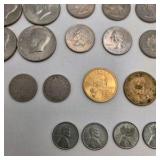 Mixed U.S. & Foreign Coin Lot - Kennedy Halves, Quarters, 1905 Barber Quarter, 1936 Buffalo Nickel, 1943 Steel Cents, Foreign Coins