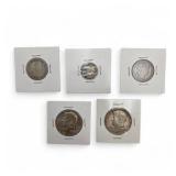 5 Silver Coin Lot - 1895-O Barber Quarter, 1909 Barber Quarter, 1958 Franklin Half, 1967 Kennedy Half, 1954 Roosevelt Dime