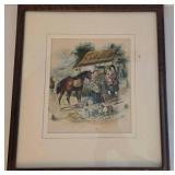 Vintage R. Stuart Framed Print - Rural Village Scene with Horse & Family