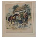 Vintage R. Stuart Framed Print - Rural Village Scene with Horse & Family
