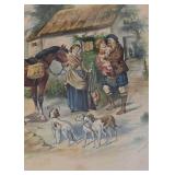 Vintage R. Stuart Framed Print - Rural Village Scene with Horse & Family
