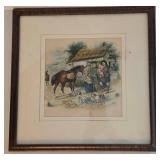Vintage R. Stuart Framed Print - Rural Village Scene with Horse & Family