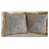 Lot of 2 Decorative Pillows - Grey Brushed Faux Suede with Gold Embroidery