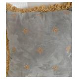 Lot of 2 Decorative Pillows - Grey Brushed Faux Suede with Gold Embroidery