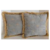Lot of 2 Decorative Pillows - Grey Brushed Faux Suede with Gold Embroidery