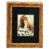 Framed Miniature Painting - Woman in White Dress with Floral Garden