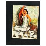 Framed Miniature Painting - Woman in White Dress with Floral Garden