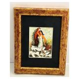 Framed Miniature Painting - Woman in White Dress with Floral Garden